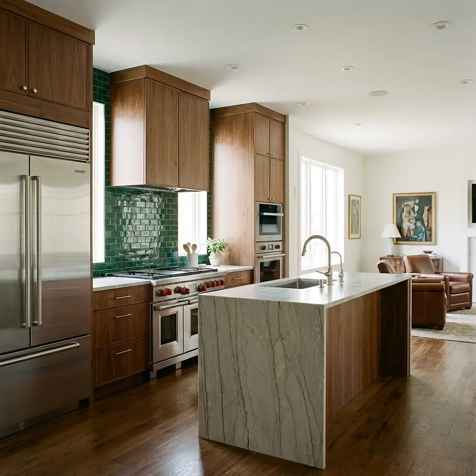 Modern kitchen with marble island, walnut cabinetry, green tile backsplash, and stainless steel appliances. Bright, airy, and stylish.