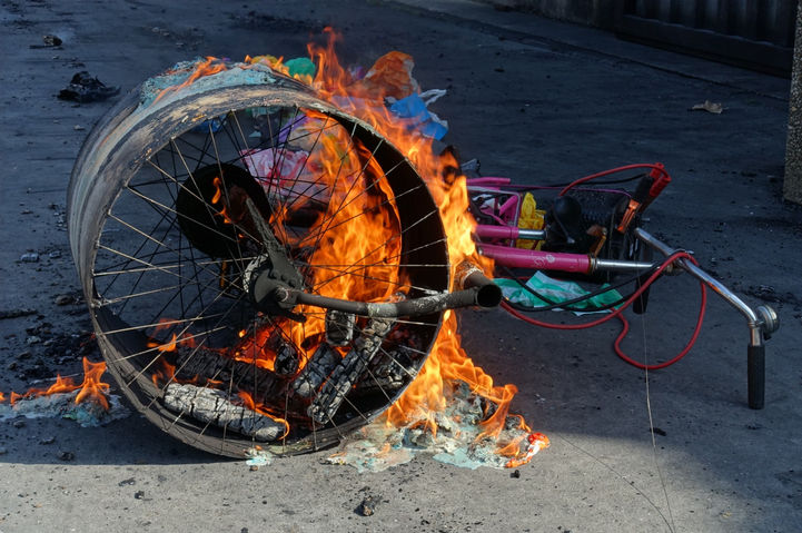 Bike, flames, recycling, random machines, random acts of destruction, design destruction.