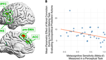 Régions cérébrales associées au niveau de conviction morale lors d’une prise de décision, et relation avec la sensibilité métacognitive.