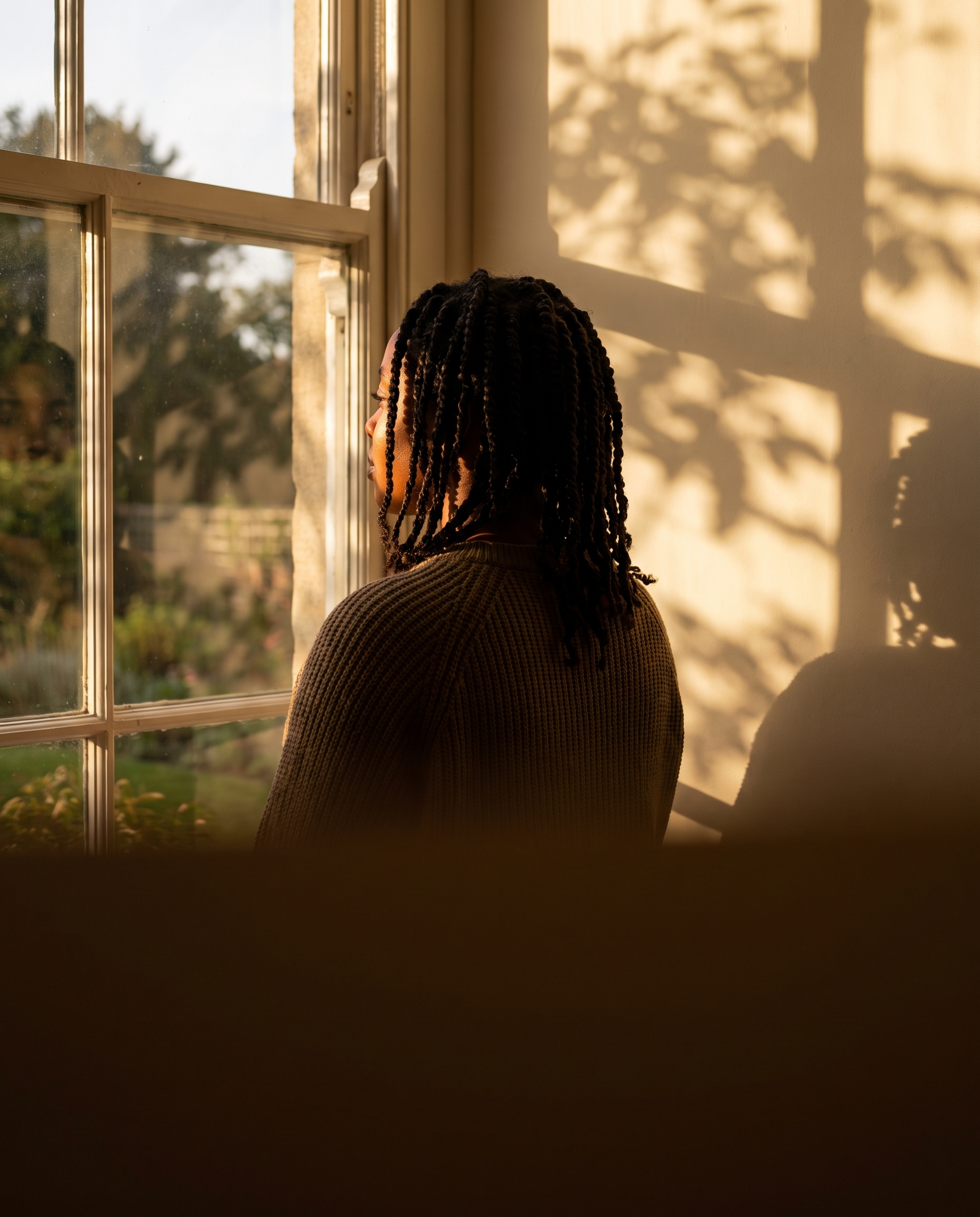 Femme de dos devant une fenêtre baignée de lumière dorée
