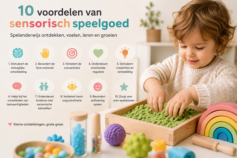 Peuter speelt met groen sensorisch speelgoed; infographic met 10 voordelen, kleurrijke iconen en tekst op lichte achtergrond.