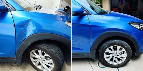 Before and after mobile paint repair of damaged blue SUV front guard and wheel arch in Brisbane