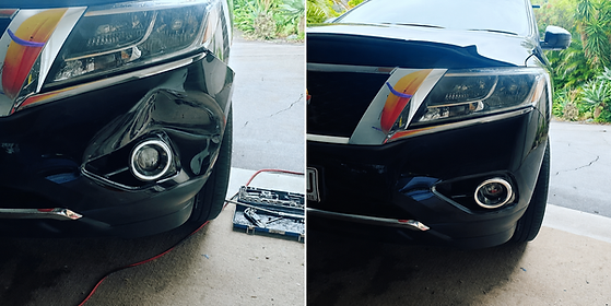 Before and after front bumper paint repair on a black Nissan completed by Empire Refinish in Brisbane.