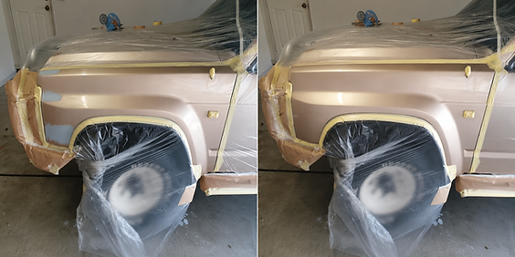 Vehicle quarter panel prepared and primed and repainted for professional paint repair