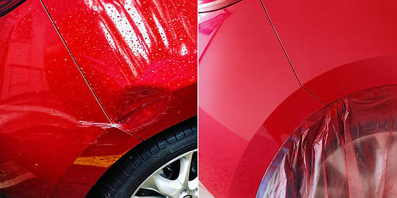 red hyundai rear quarter panel dent and scratch resotred to pre-accident condition