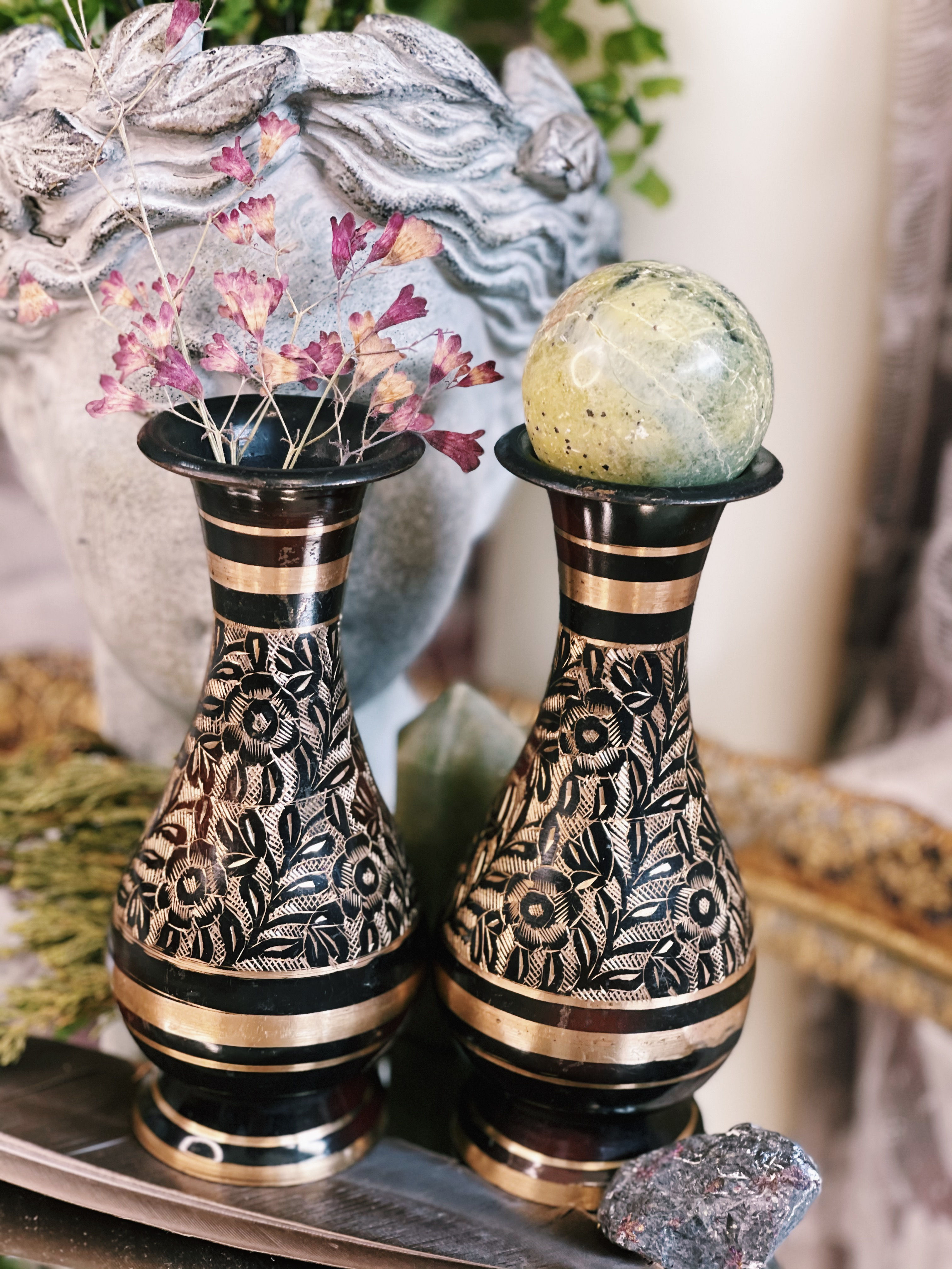 Small Vintage Engraved Brass Vase Set