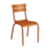 A cutout image of a orange metal stacking side chair with horizontal slats.