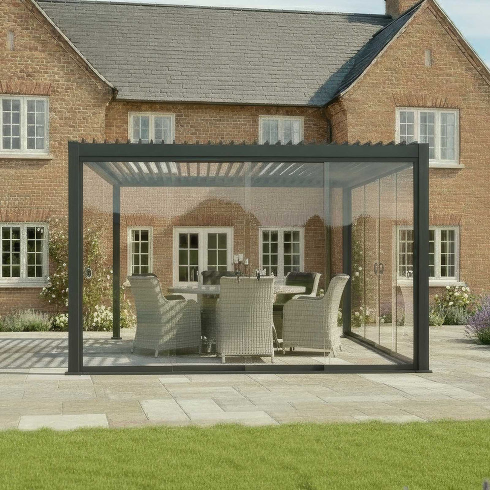 Thumbnail: Anthracite framed 3m x 4m pergola with glass sliding doors in front of large house