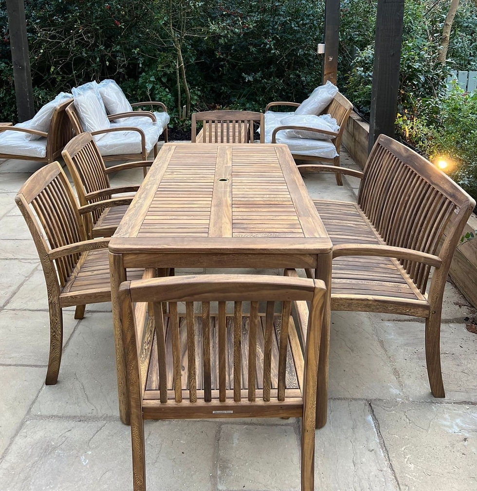 Thumbnail: FSC A commercial garden with a wooden six seater dining set with a wooden sofa set in the background.