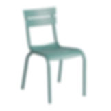 A light blue stacking metal side chair.