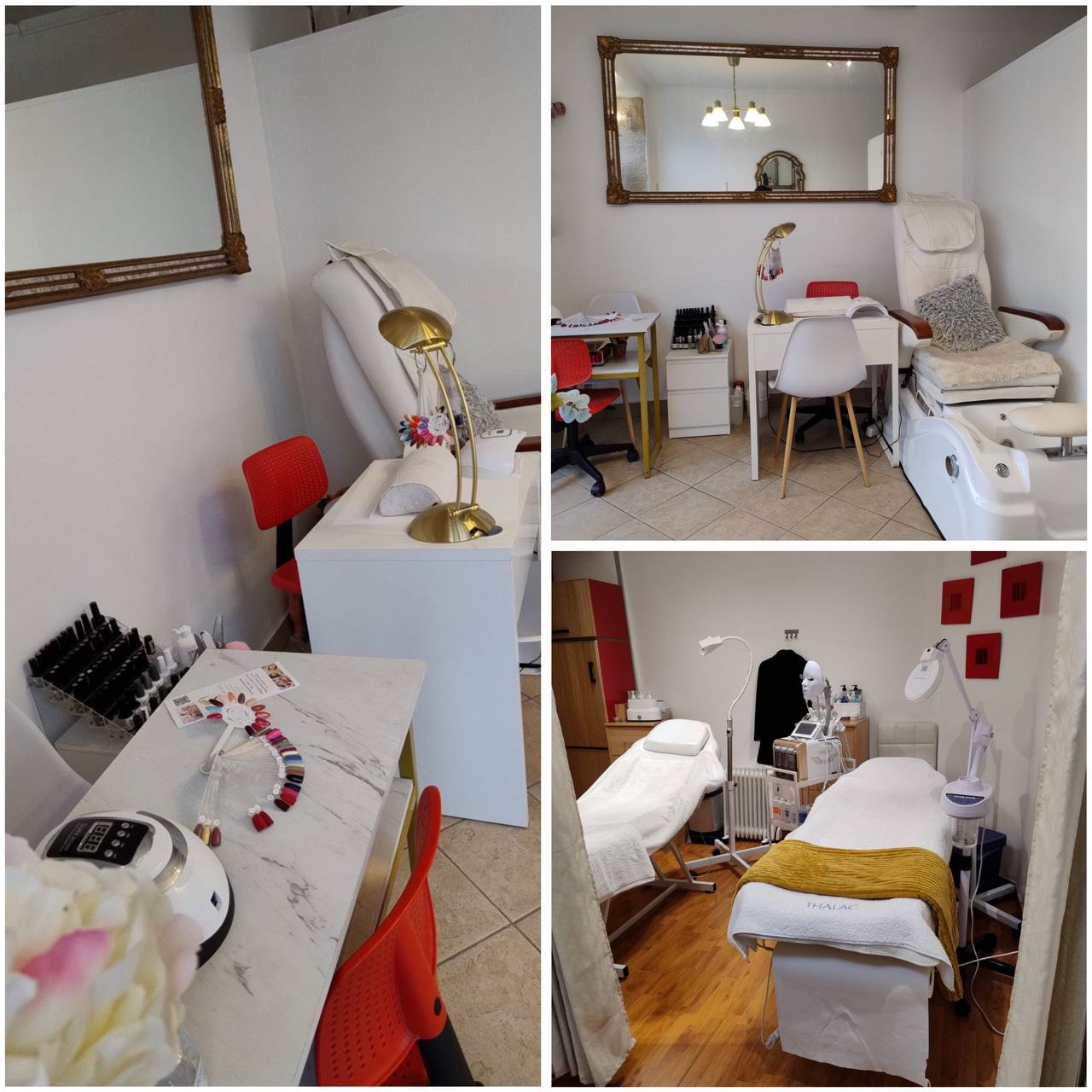 BeautyBarParis — Cabine esthétique / bien-être · Poste de prothésie ongulaire · Fauteuil de coiffure · Poste de maquillage
