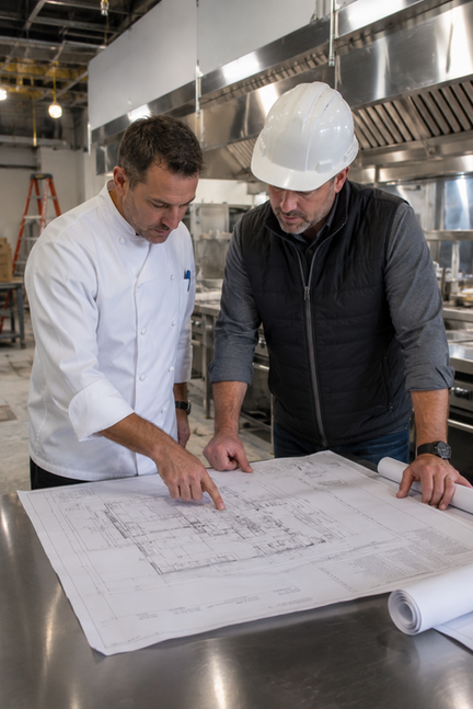 image of a chef and a contractor looking over restaurant blue prints.