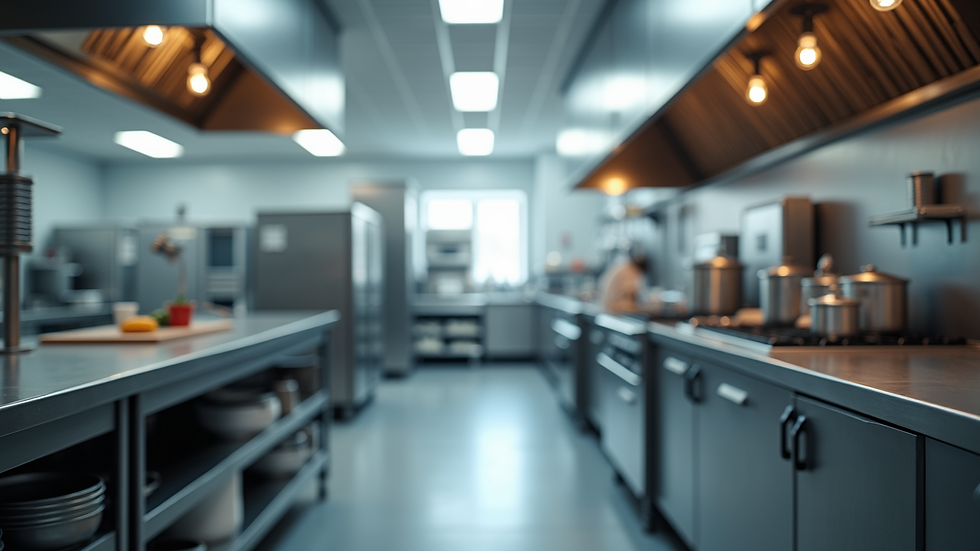 Eye-level view of a well-organized commercial kitchen with designated workstations
