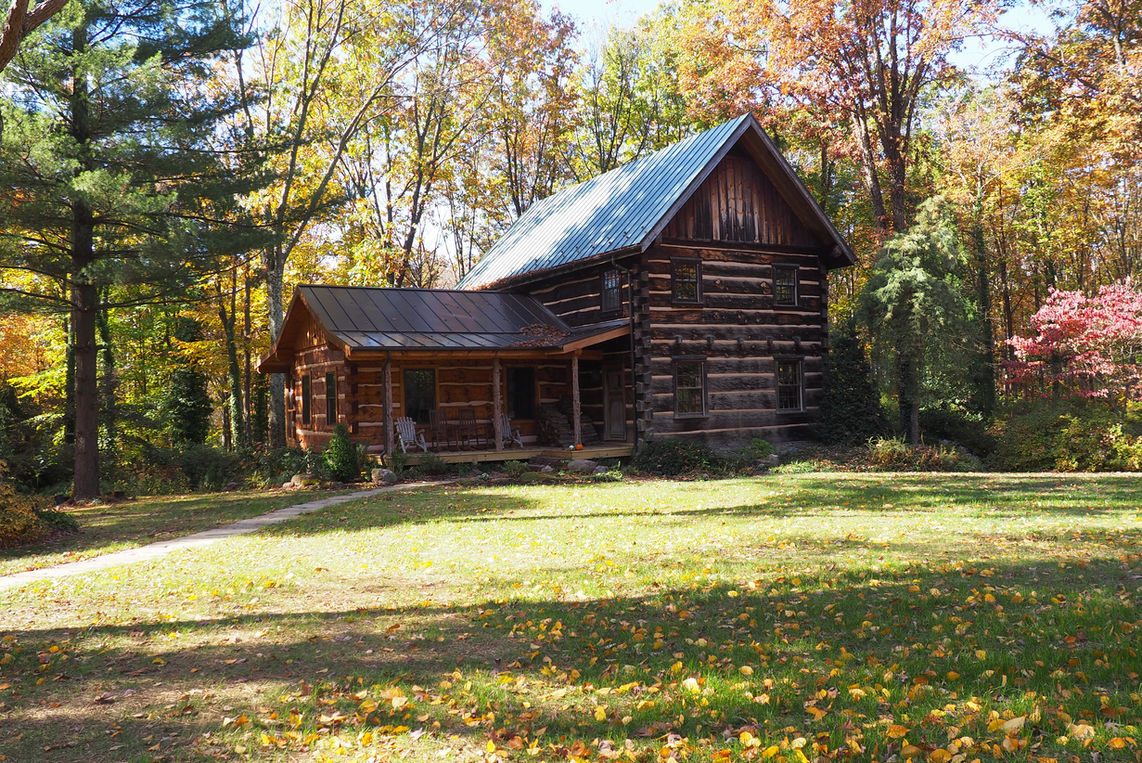 A hand hewn live edge log addition built with dovetail notches.