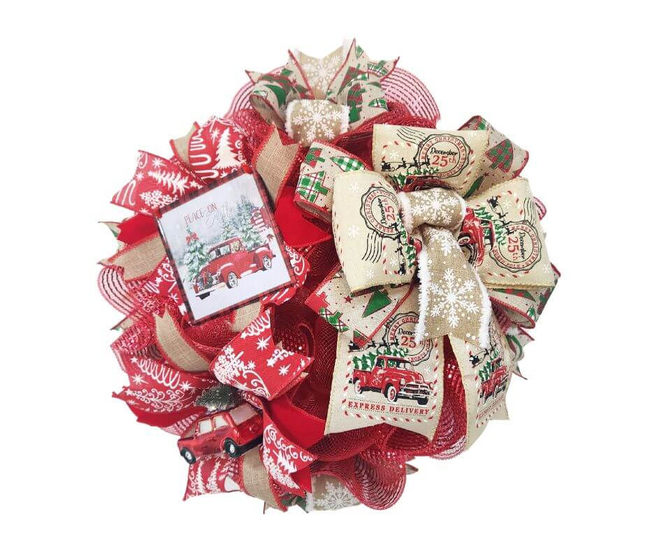 Red Truck Christmas wreath with large bow, handmade in the UAE, available for delivery in Dubai, Abu Dhabi and Al Ain.