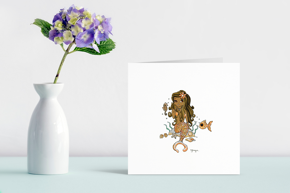 Orange Mermaid greeting card insitu vase flower square birthday Gateway Art Sales Abu Dhabi Dubai UAE