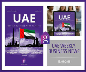 UAE Weekly Business News blog feed image for 13 April 2026, showing the magazine cover on screen, Gateway To UAE logo