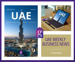 UAE Weekly Business News blog feed image for 11 May 2026, showing the magazine cover on screen, Gateway To UAE logo