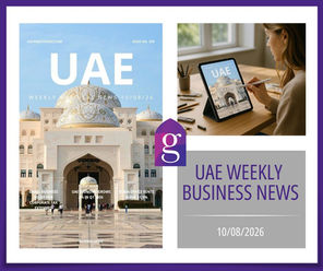 UAE Weekly Business News blog feed image for 10 August 2026 showing the magazine cover on screen, Gateway To UAE logo