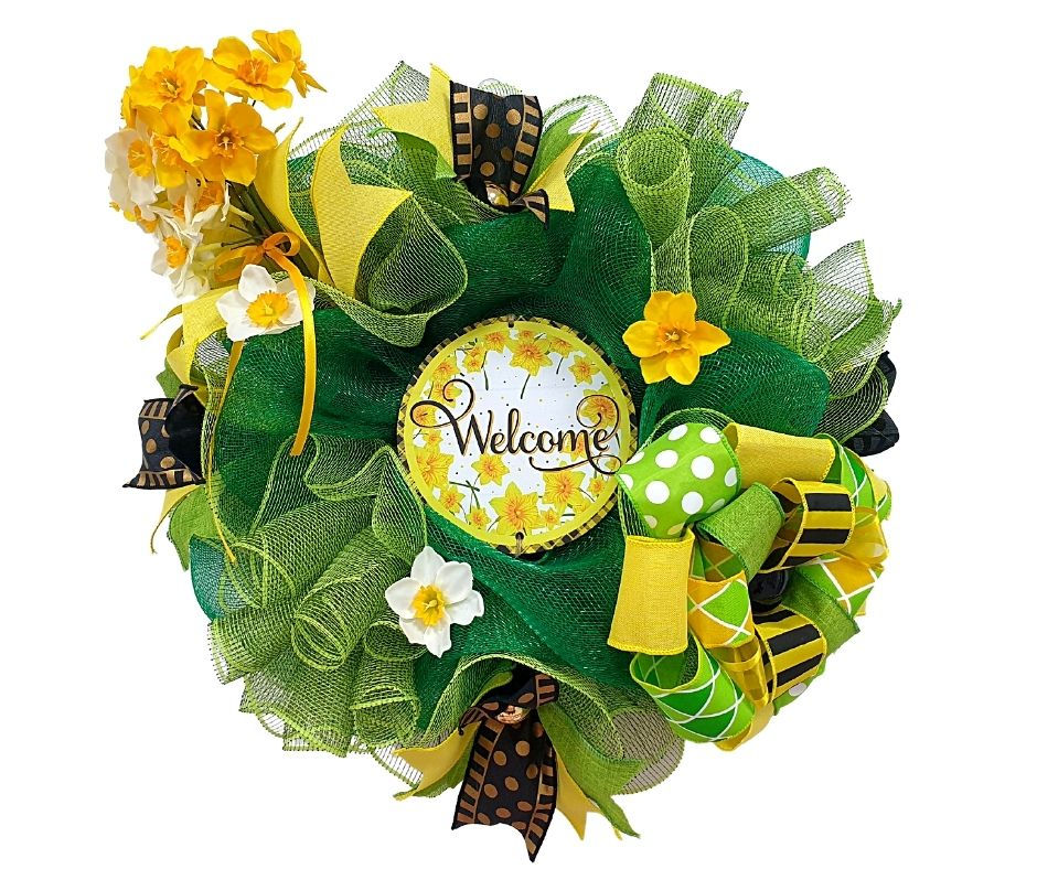 spring daffodils welcome wreath bow green yellow handmade door decor wreaths Abu Dhabi Al Ain Dubai UAE Gateway Hand Crafted