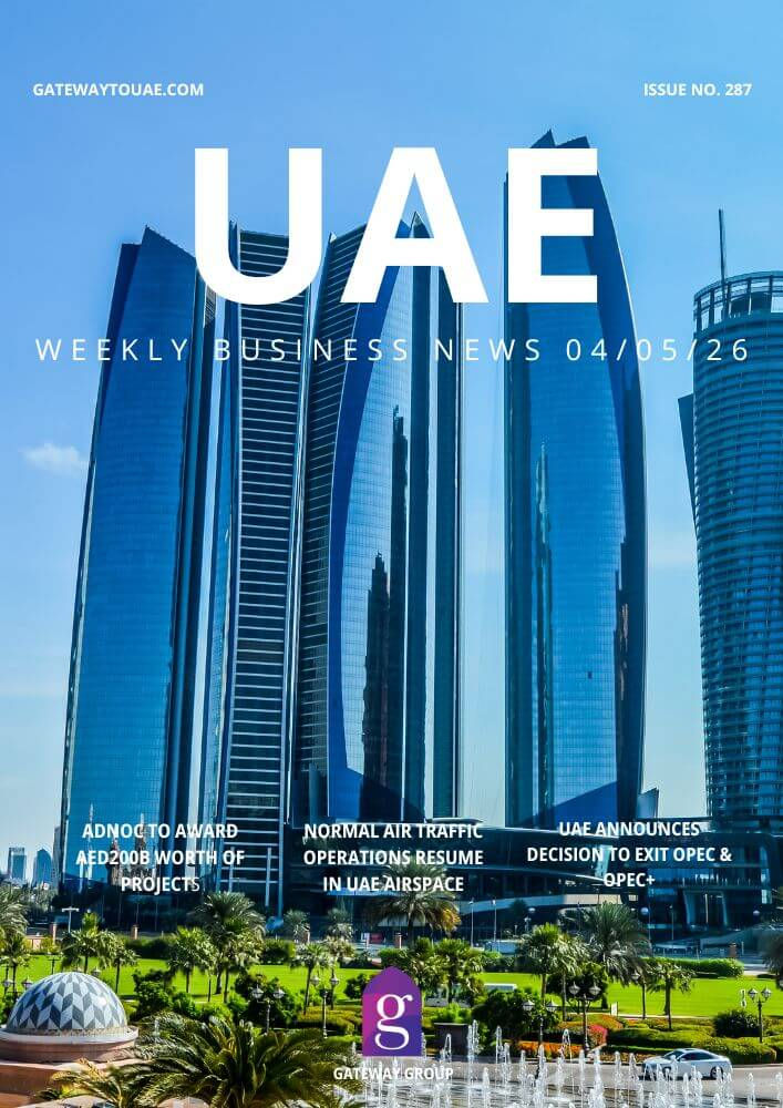 UAE Weekly Business News magazine-style cover for 04 May 2026 on the Gateway To UAE blog, highlighting Abu Dhabi and Dubai free zone, visa, trade and economy headlines