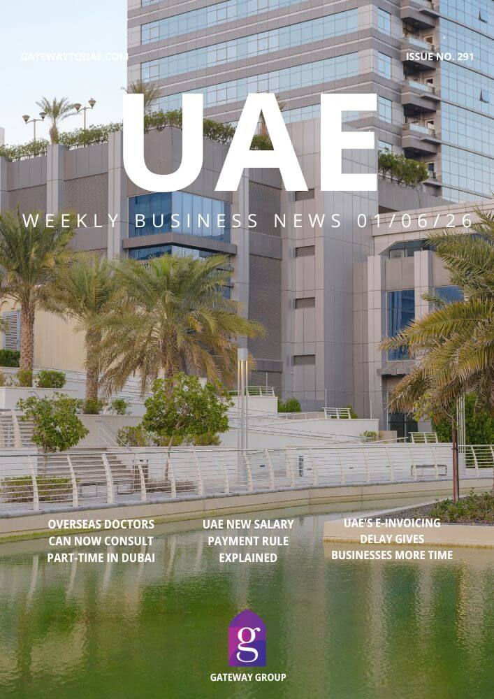 UAE Weekly Business News magazine-style cover for 01 June 2026 on the Gateway To UAE blog, highlighting Abu Dhabi and Dubai free zone, visa, trade and economy headlines