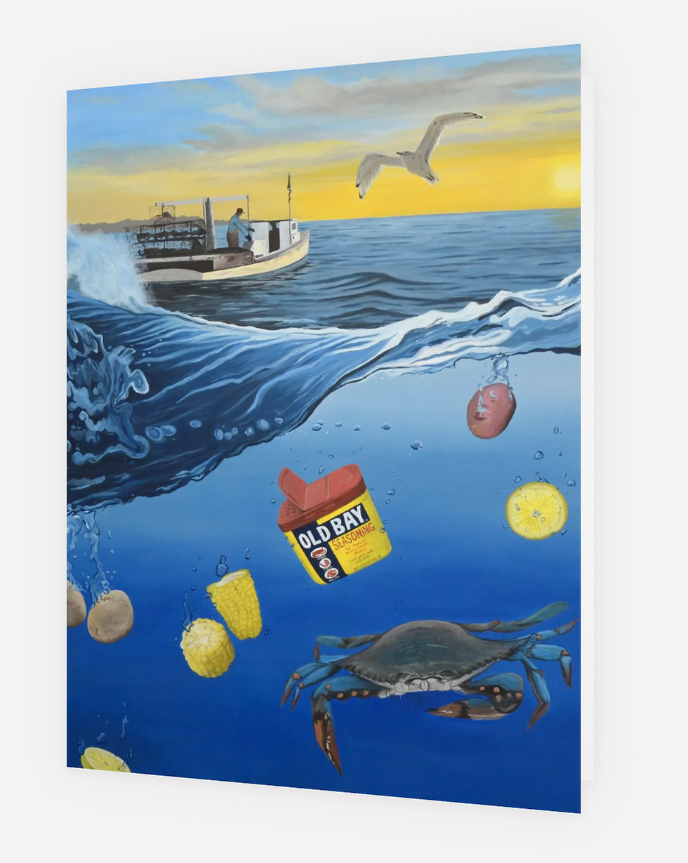 water with crab boil ingredients and crabbing boat with seagull