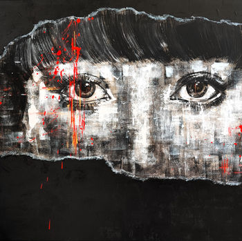 Contemporary Asian woman portrait -
- Black and white - noir et blanc - peinture pixelisee - mix of figurative and abstract work - spontaneous realism - portrait de femme asiatique contemporain,  inspiré du réalisme spontané, regard profond.