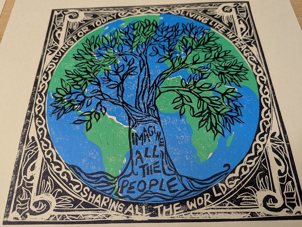 Linocut block print titled Imagine