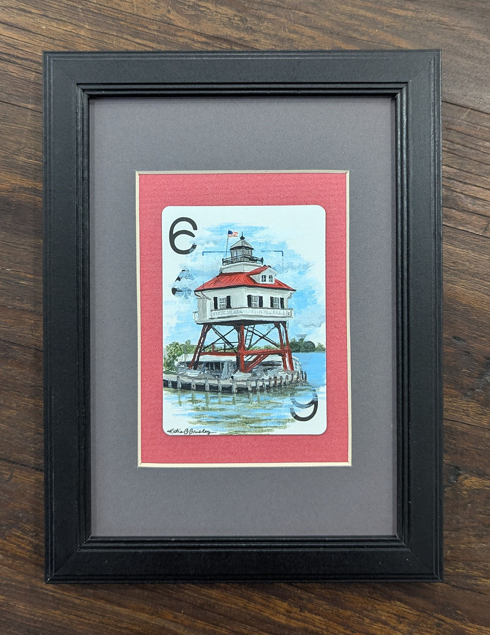 Drum Point Lighthouse painting on a six of spades playing card