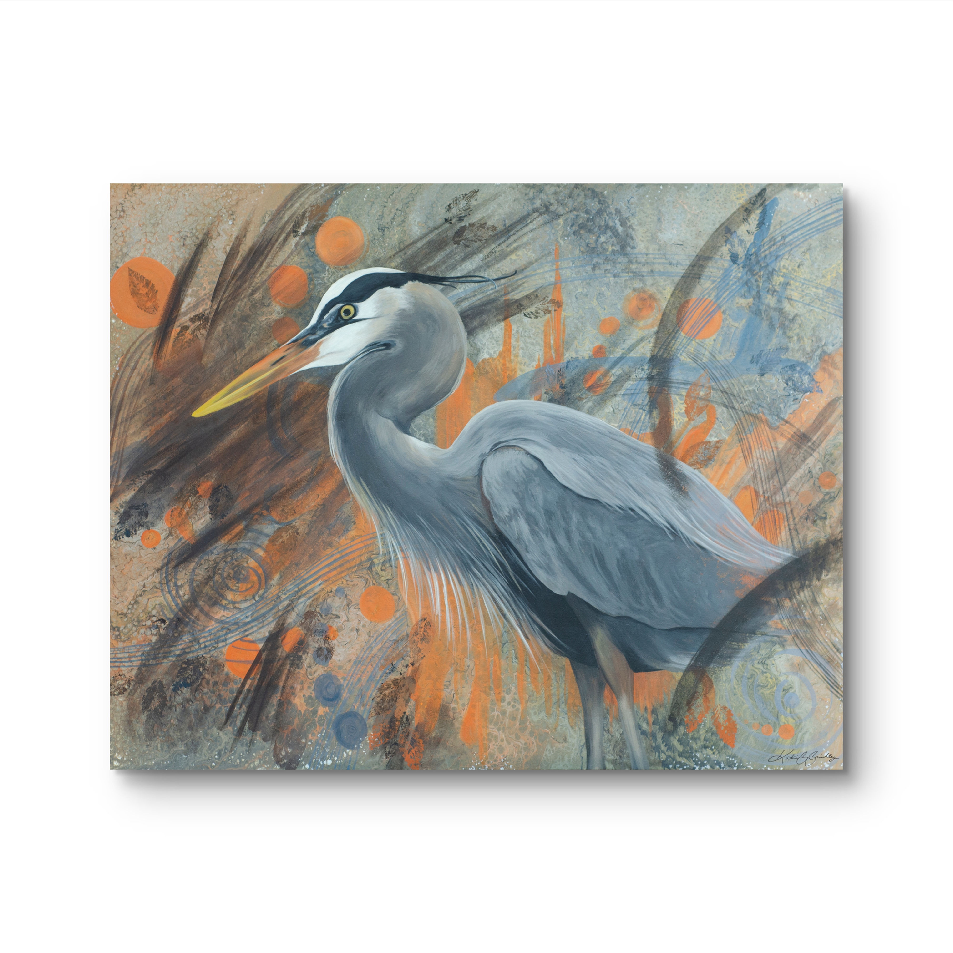 great blue heron painting with abstract background