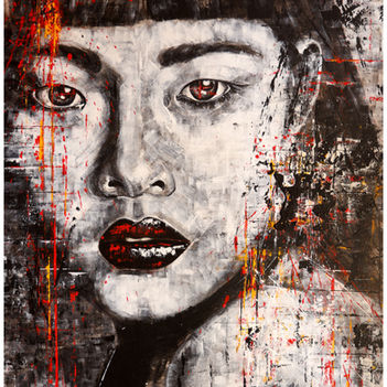 Contemporary Asian woman portrait -
- Black and white - noir et blanc - peinture pixelisee - mix of figurative and abstract work - spontaneous realism - portrait de femme asiatique contemporain,  inspiré du réalisme spontané, regard profond.