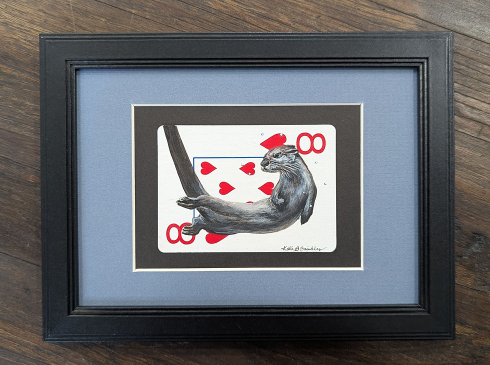 river otter painting on an eight of hearts playing card
