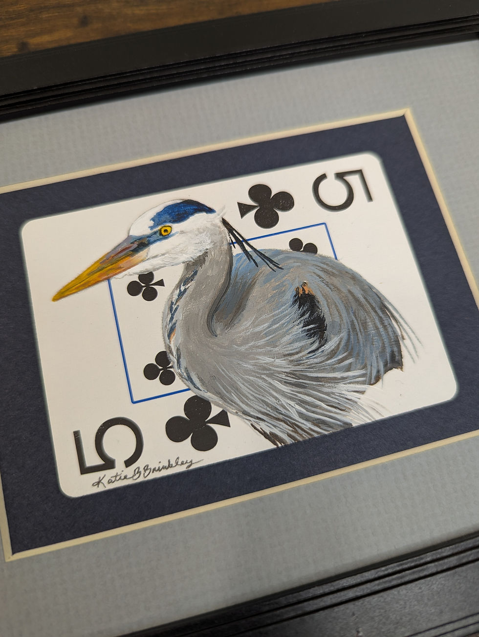 blue heron painting on five of clubs playing card