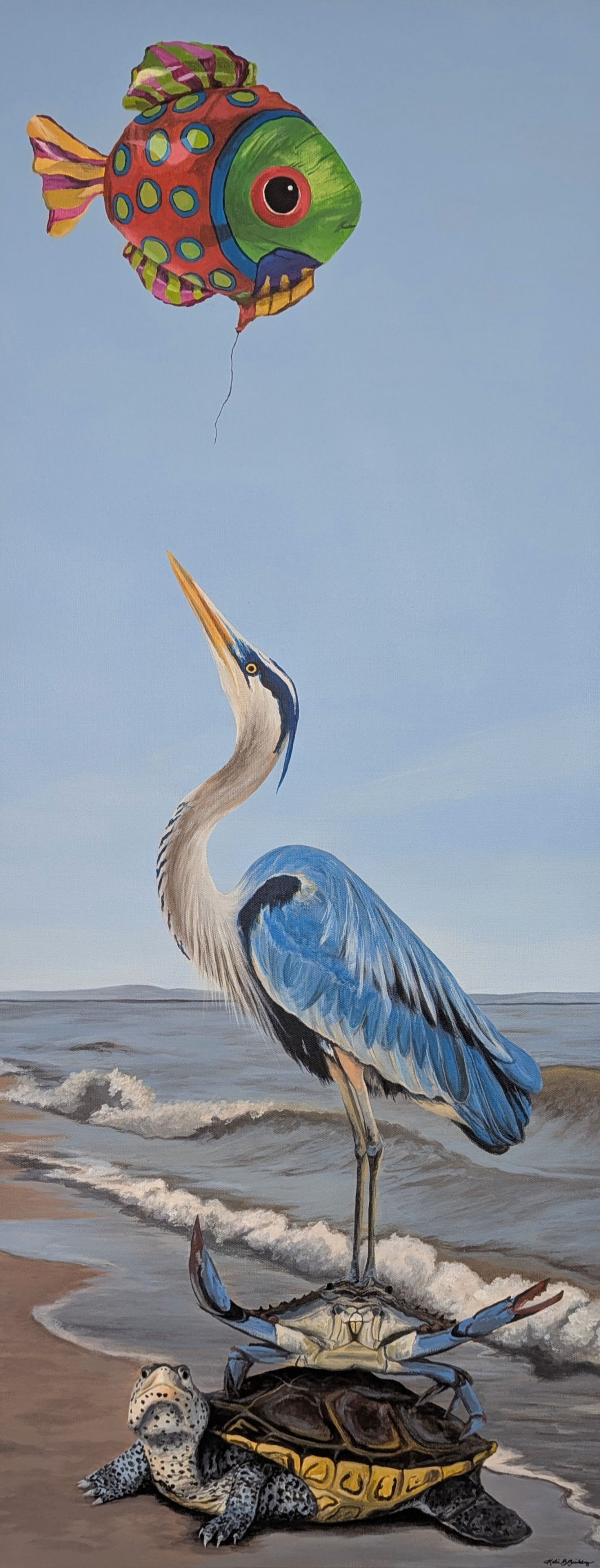 blue heron, blue crab, and terrapin stacked to reach mylar fish balloon