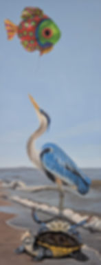 blue heron, blue crab, and terrapin stacked to reach mylar fish balloon