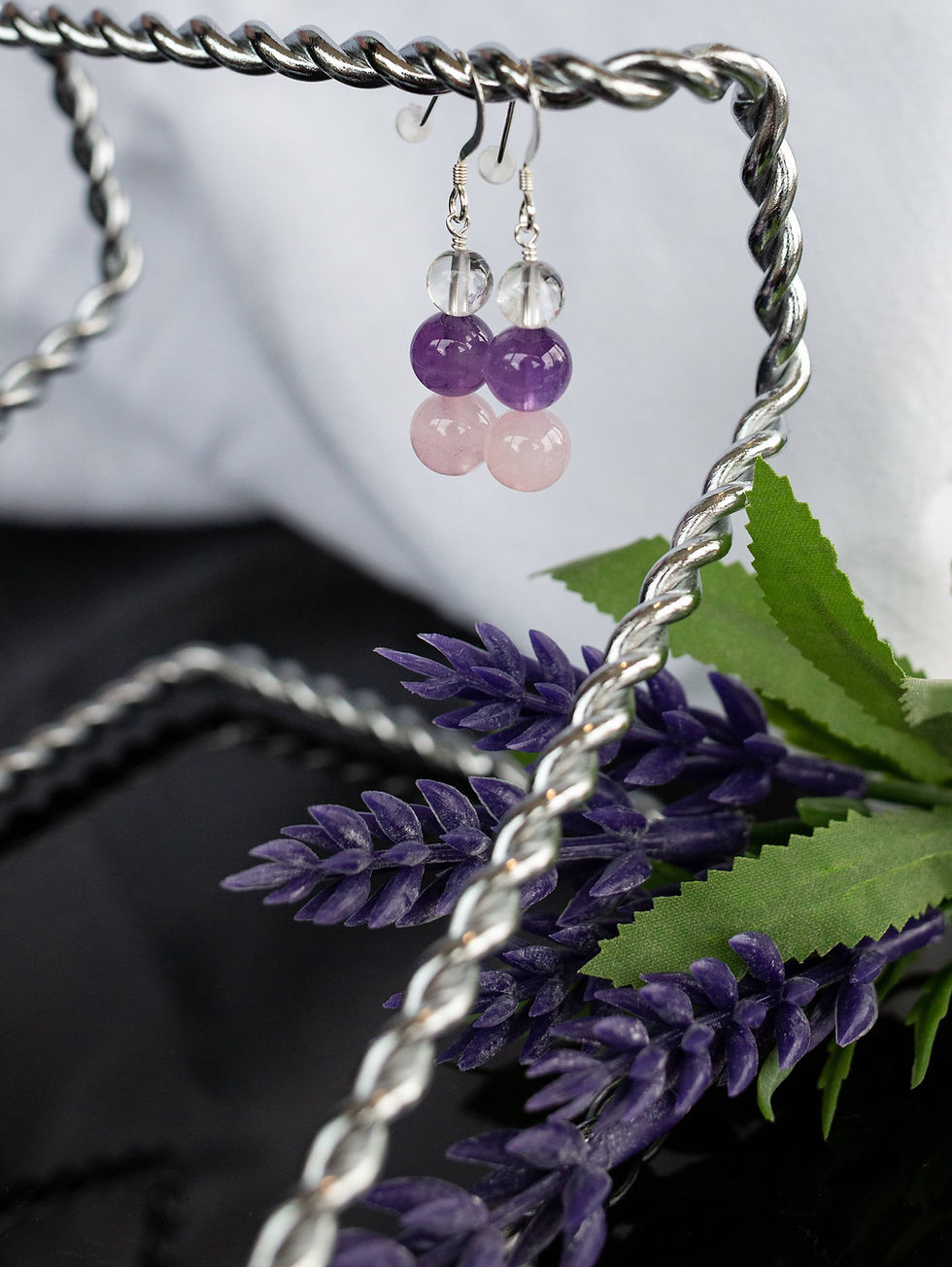 Thumbnail: Amethyst and Quartz earrings - clustered spheres of purple, clear, and pink crystal for pierced ears
