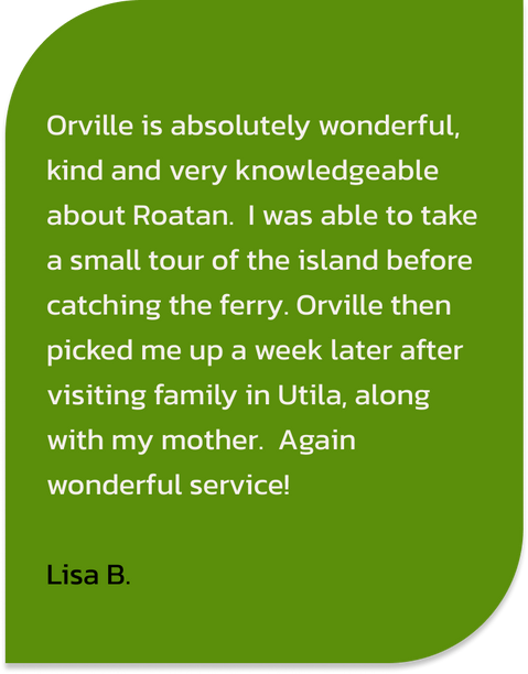 Orville is absolutely wonderful, kind and very knowledgeable about Roatan. I was able to take a small tour of the island before catching the ferry. Orville then picked me up a week later after visiting family in Utila, along with my mother. Again wonderful service!