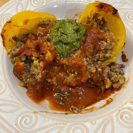 Stuffed Pepper with a Chipotle Tomato Sauce topped with Pesto