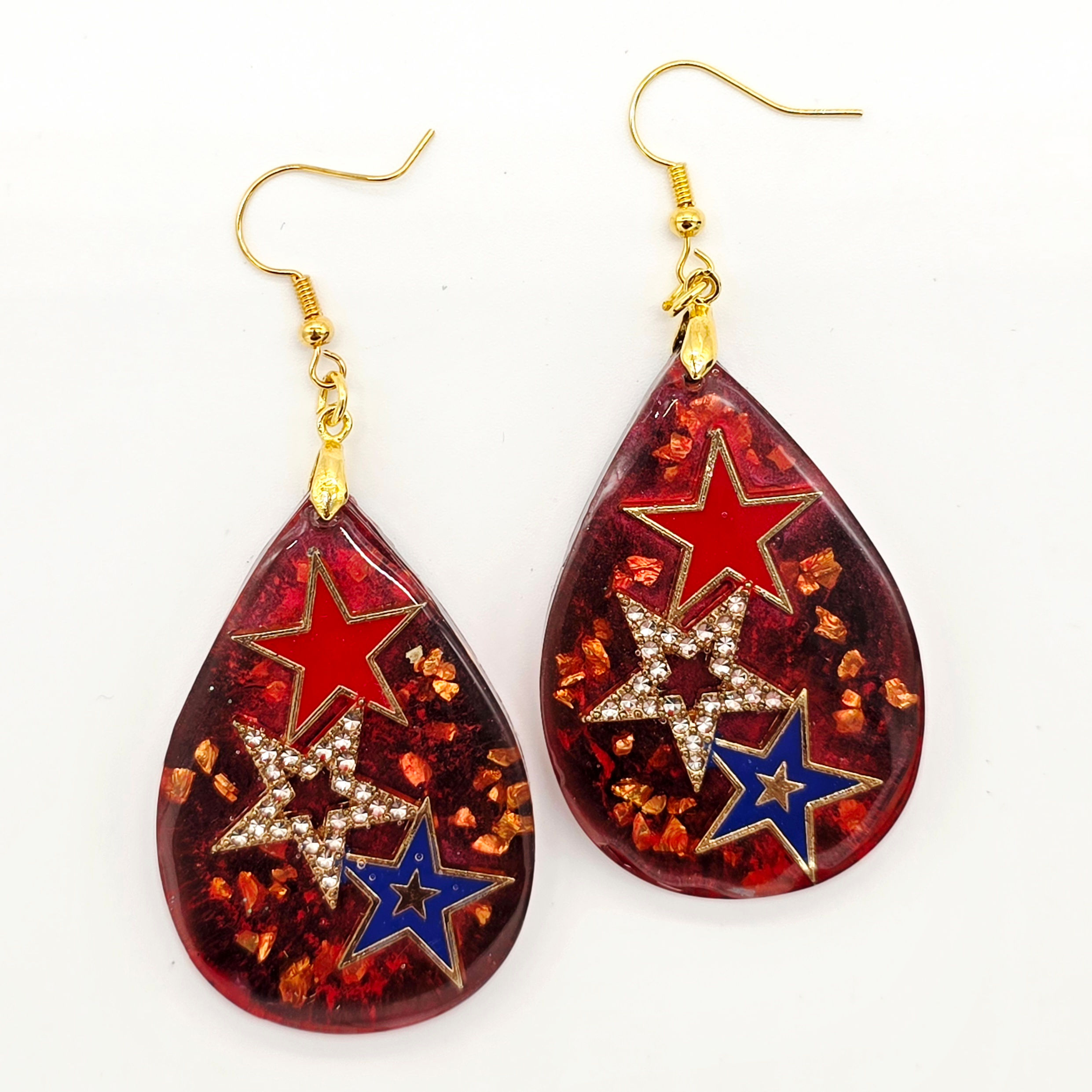 Resin Earrings - Red, white & blue stars with gold & red background