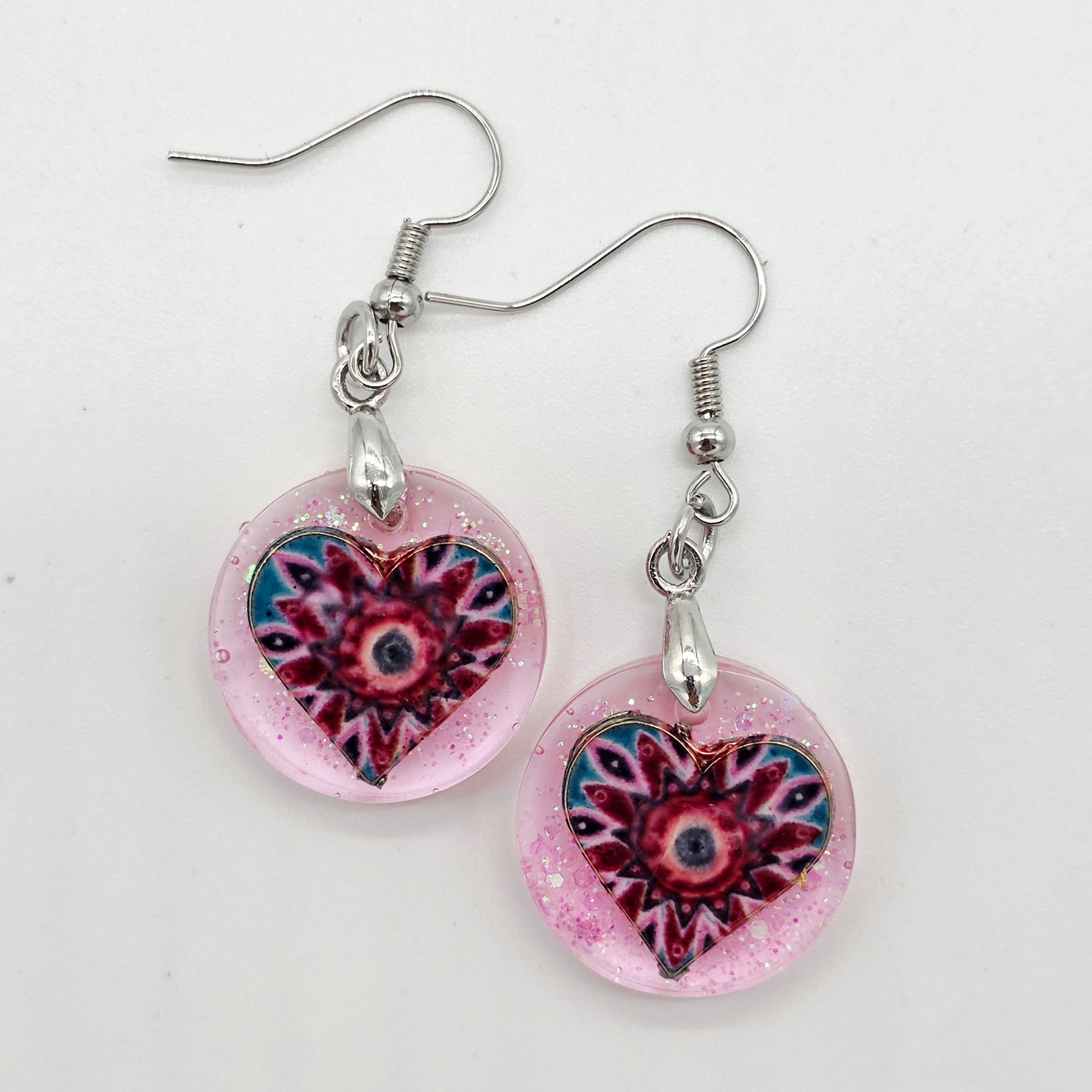 Earrings - Red Heart on Pink