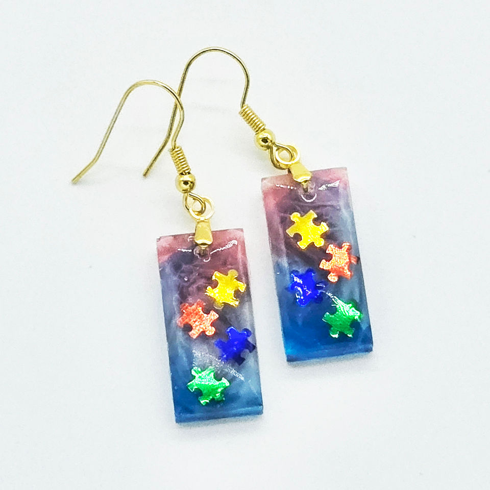 Resin Earrings, Rectangles with Puzzle Pieces