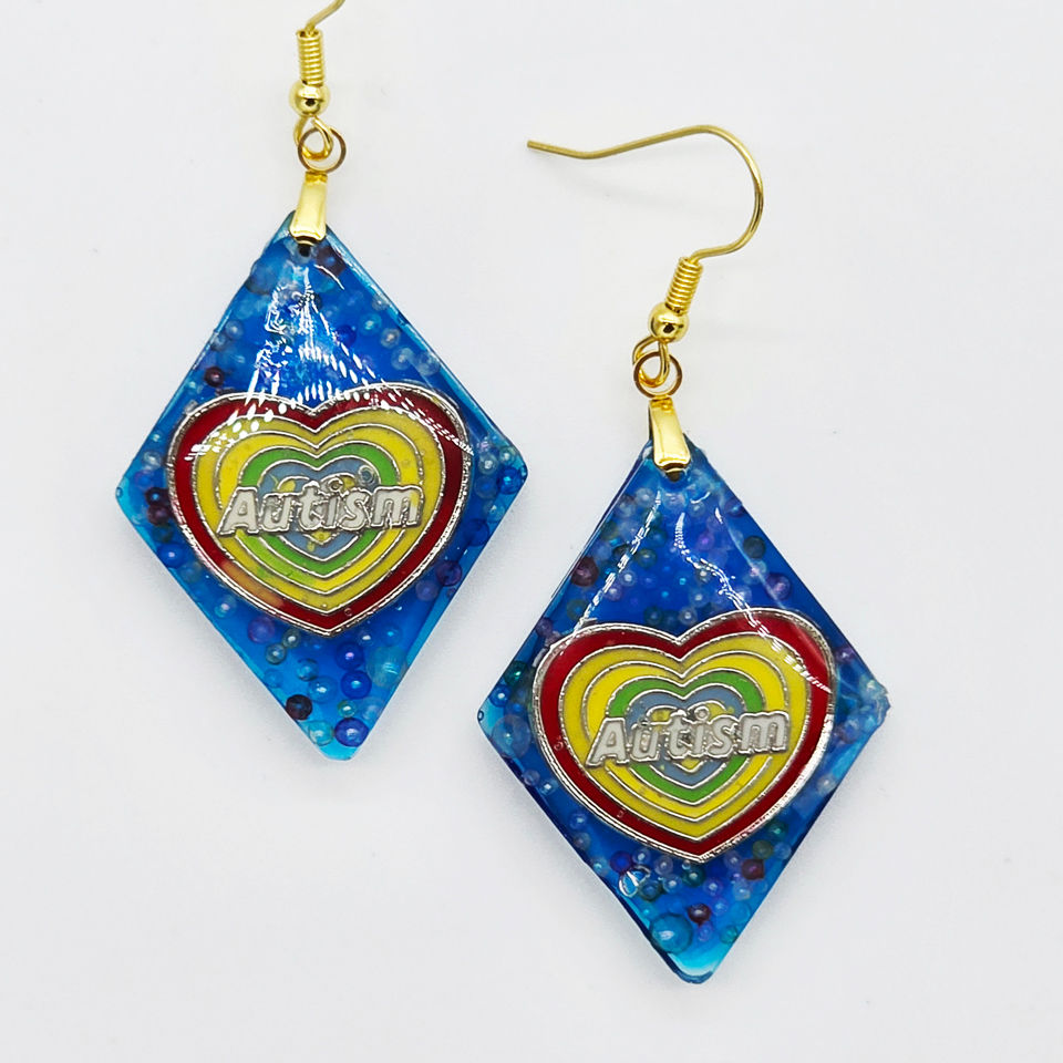 Resin Earrings, Colorful Autism Hearts