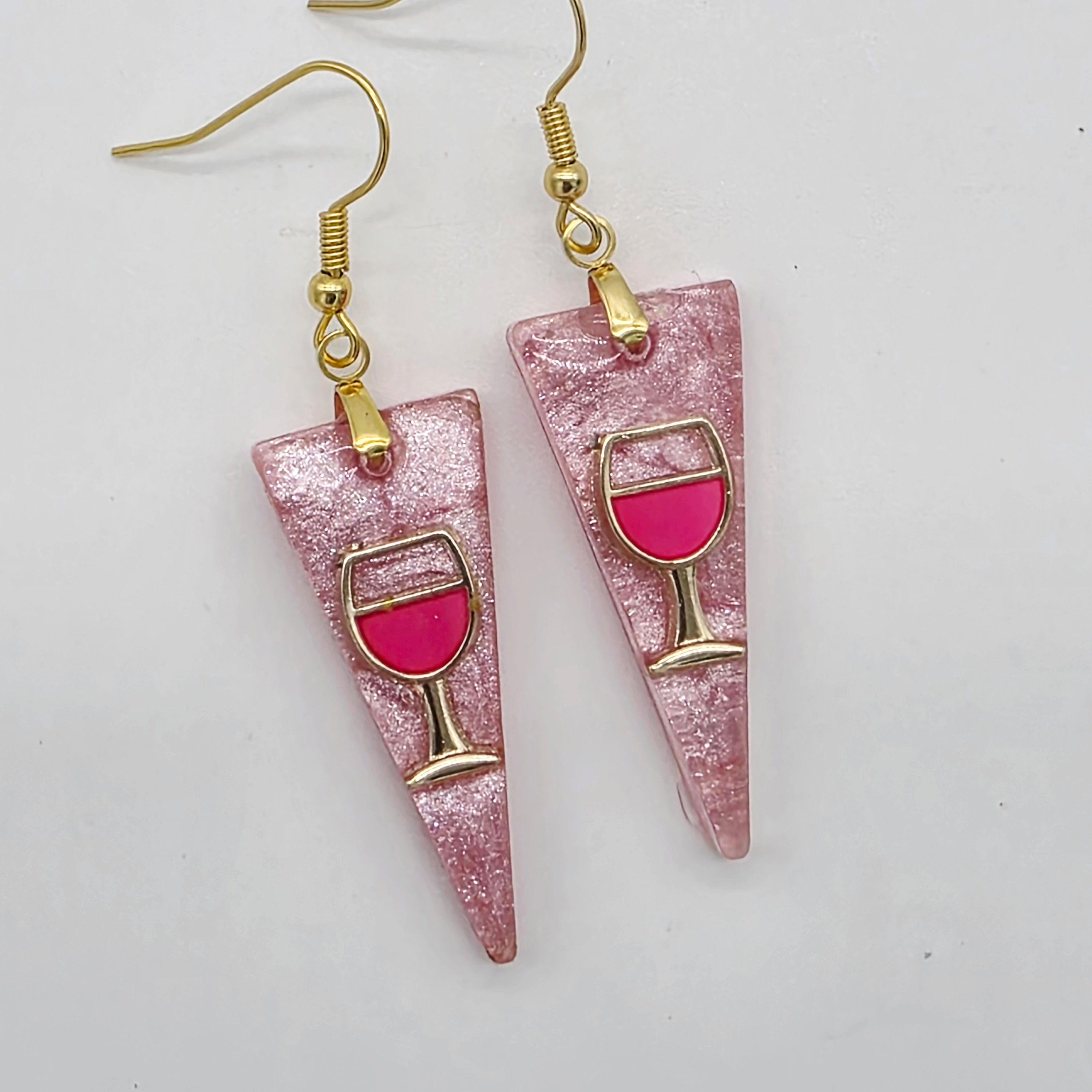 Resin Earrings, Pink with wine glass