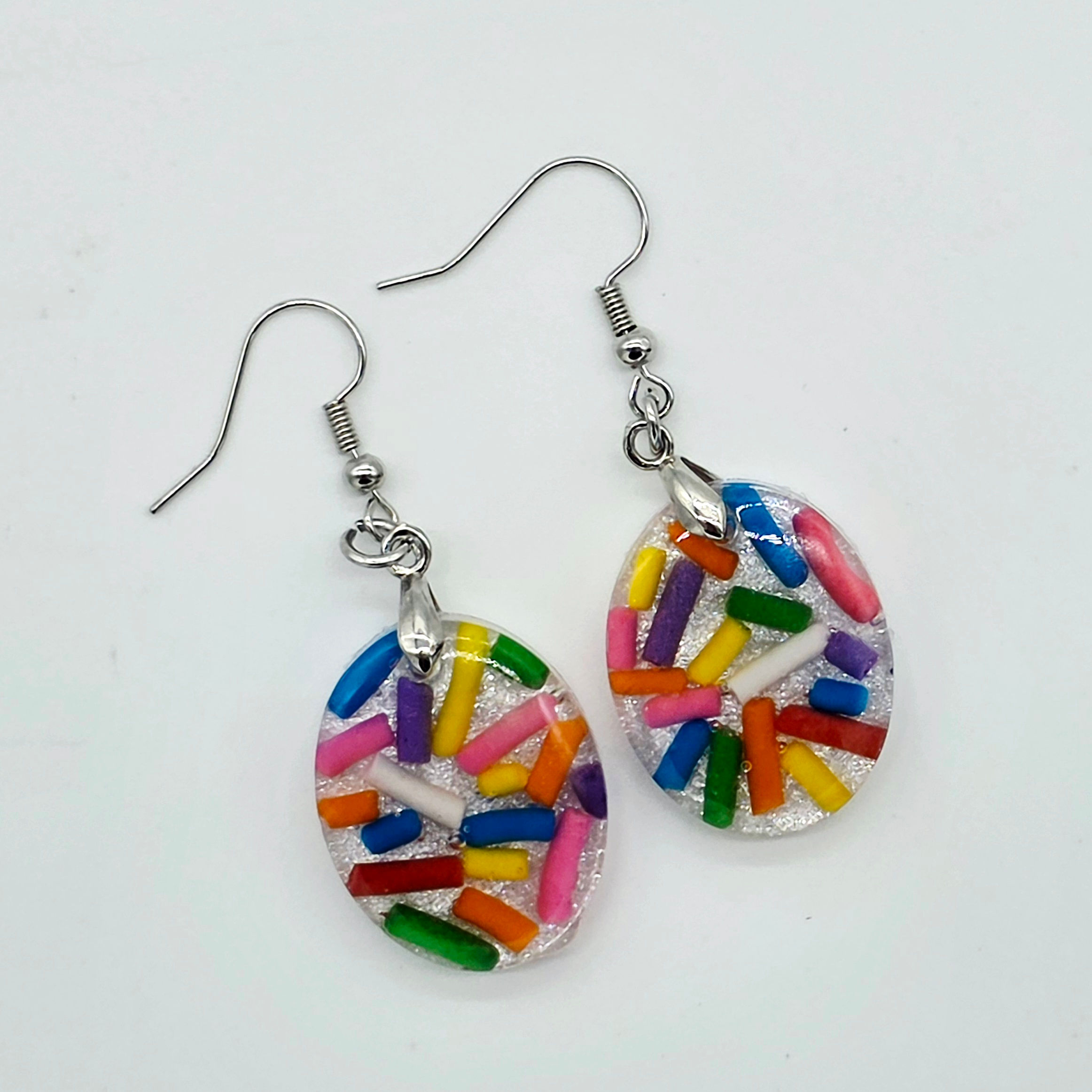 Resin Earrings - Candy Sprinkles, white pearl background