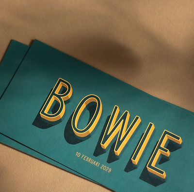 Geboortekaartje BOWIE - speels 3D in turquoise & okergeel