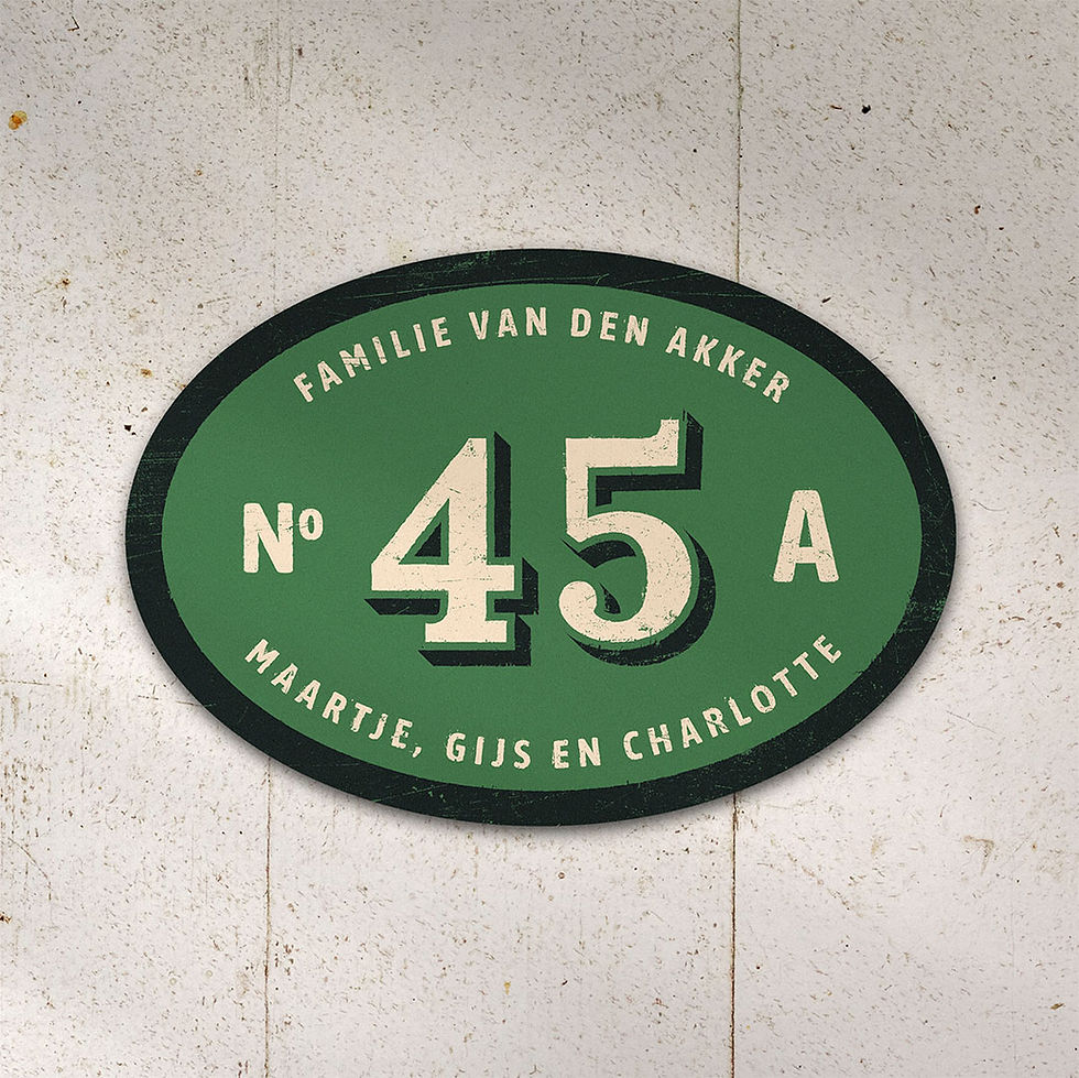 Ovaal naambordje in rustieke groene kleur met klassieke typografie en huisnummer 45A.