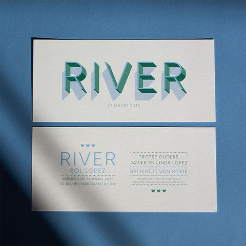 Geboortekaartje RIVER - minimalistisch 3D in wit & groen