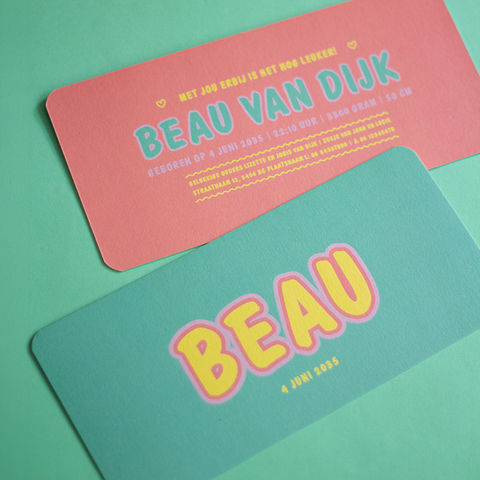 Geboortekaartje Beau - organische typografie in turquoise & geel