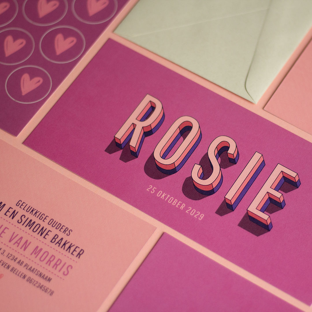 Geboortekaartje in paar roze tinten